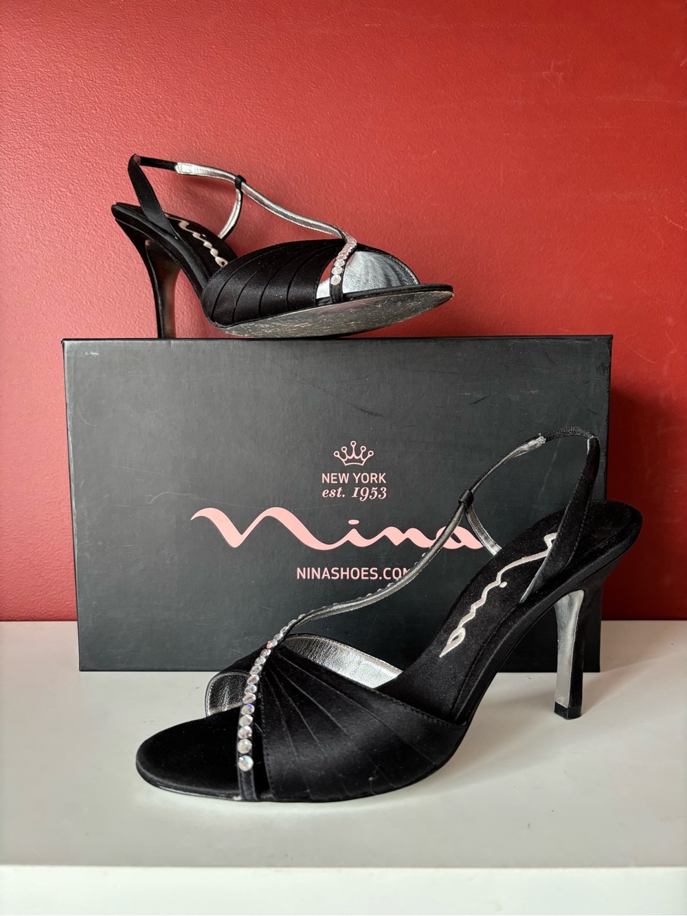 NINA Black  Satin 4” Sling Back Heels w. Assymetrical Rhinestone Strap Detai